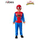 Toddler wearing red and blue Spidey costume with printed spider emblem and half-mask