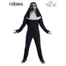 Adult The Nun costume with black habit top, white hood, and demonic vinyl face mask