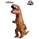 Teen wearing Jurassic World T-Rex inflatable costume with battery-powered fan and printed scale texture