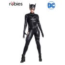 Adult Catwoman costume full body view - black wet-look bodysuit with silver stitching
