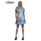 Adult The Twin Sister horror costume with light blue polka dot dress and pink belt