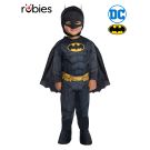 Toddler Batman costume with muscle jumpsuit, yellow logo and belt, black cape