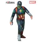 Adult Zombie Captain America costume full body front view showing distressed jumpsuit with star emblem and asymmetric boot covers