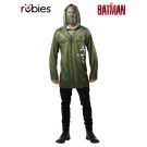 Adult The Riddler costume top with olive-green hooded jacket and silver vinyl face mask