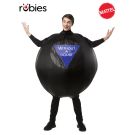 Adult wearing inflatable Magic 8-Ball costume with blue triangle panel reading WITHOUT A DOUBT on chest