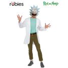 Adult Rick Sanchez costume with teal sleeveless top, white lab coat and vacuform mask