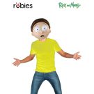 Adult Morty Smith costume set with yellow t-shirt and vacuform half mask showing oversized cartoon eyes