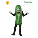 Adult Pickle Rick costume tunic in vibrant green with printed face and textured pickle spots