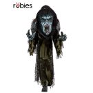 Child wearing full-body zombie creature costume with oversized screaming mask and tattered mesh robe