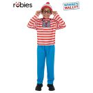 Kids Where's Wally costume with red and white striped shirt, blue pants, beanie and glasses