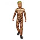 Kids Groot costume full body view with moulded tree mask and wood grain jumpsuit