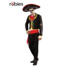 Mens Day of the Dead mariachi costume with skeleton print jacket and red sombrero