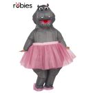 Adult inflatable hippo costume with pink glitter tutu and plush shoe covers