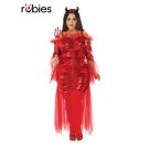 Plus size red devil costume dress with glitter tulle layers and horn headband
