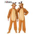 Adult wearing plush brown reindeer onesie with hooded antlers and cream belly panel