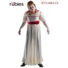 Adult Annabelle costume with cream Victorian dress, porcelain doll mask, and blonde braided wig