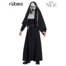 Adult The Nun costume with black habit, white collar and demonic vinyl mask - front view