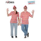 Adult Where's Wally costume with red and white striped top, matching beanie and round black frame glasses