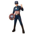 Kids Captain America costume with foam-padded muscle jumpsuit and metallic shield