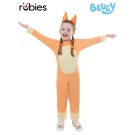 Toddler wearing official Bingo Bluey costume with orange jumpsuit and ear headband