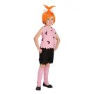 Kids Pebbles Flintstone costume with orange wig and pink tunic
