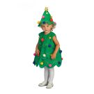 Child wearing green felt Christmas tree costume dress with colorful pom-pom ornaments and matching conical hat