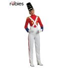 Women's red and white toy soldier costume with gold fringe epaulettes and tall black shako hat