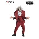 Adult Beetlejuice Shrunken Head costume with burgundy suit and inflatable shoulders