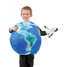 Child wearing blue and green earth globe costume with space shuttle hand puppet
