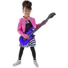 Girls 80s rockstar costume with hot pink vinyl jacket and rhinestone star top