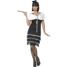 Womens black flapper costume with layered fringe dress and white fur stole