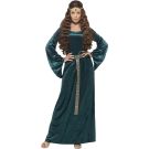 Womens emerald green medieval princess gown with trumpet sleeves and gold trim