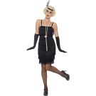 Women's black flapper dress with six tiers of fringe, spaghetti straps, elbow gloves, and feather headband