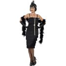Adult 1920s flapper costume with layered black fringe dress and feather headband