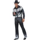 Adult mens glamorous cowboy costume with black shirt, silver flame print and white fringe trim