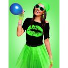 Womens 80s Neon Lips Off-Shoulder T-Shirt - Black Retro Graphic Tee - alternate view