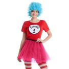 Adult Thing character costume with red T-shirt hot pink tutu and blue spiky wig