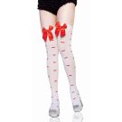 White thigh-high stockings with red lip print pattern and satin bow detail