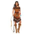 Womens tribal warrior costume with tan fringe dress and feather accessories