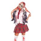 Adult zombie schoolgirl costume with grey distressed blazer and blood-splatter shirt
