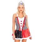 Adult Heart Queen costume dress with red heart appliqués and checkered panels