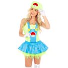 Adult womens green plumber costume dress with blue overalls panel and tulle skirt