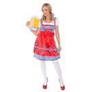 Womens Bavarian beer maid costume with blue gingham dirndl dress and red satin apron
