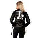 Womens 50s greaser jacket in black satin with white greaser gang back graphic