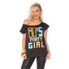 Womens black off-shoulder t-shirt with multicolored 80s Party Girl graphic