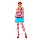 Adult red and white striped costume with cold-shoulder top and turquoise tutu skirt