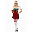 Womens Bavarian beer maid costume dress with metallic brocade bodice and burgundy apron