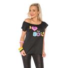 Adult wearing black I Love The 80s T-shirt with multicolor graphic and off-shoulder neckline