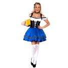 Adult Oktoberfest beer maid costume with blue satin dirndl skirt and black corset bodice