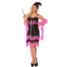 Black and hot pink sequin flapper dress with tiered fringe layers and feathered headband